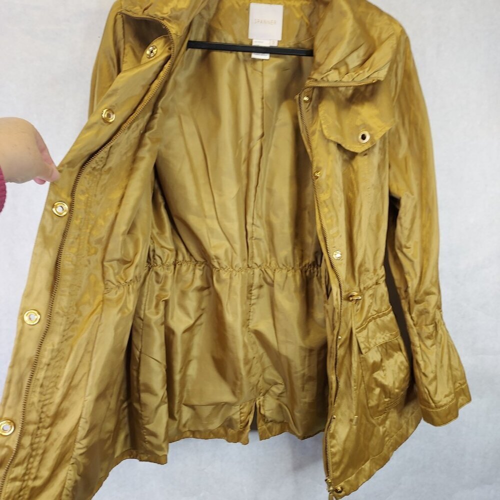 Spanner Utility Jacket Women 12 Stud Bell Sleeve Shiny Metallic Gold Slinky Glam - Picture 4 of 16